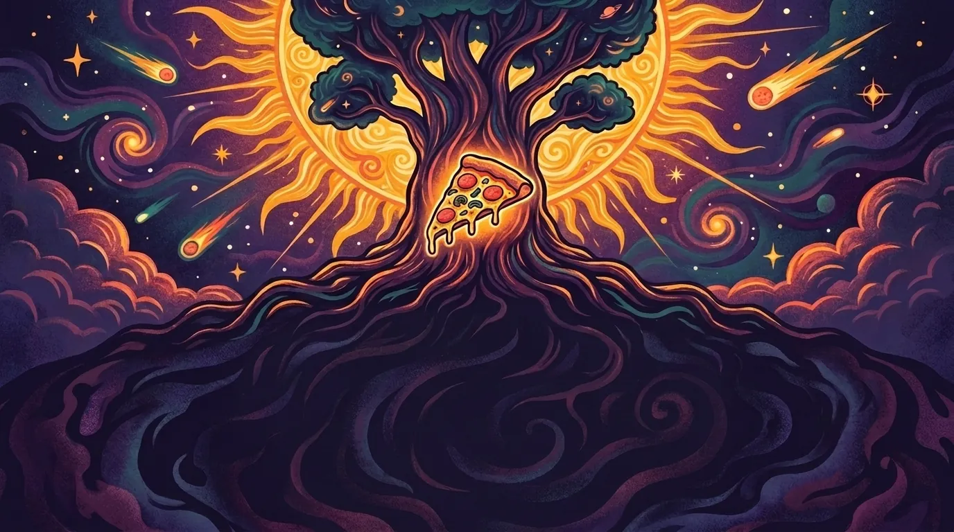 The same illustration after the untext edit: the redwood, cosmic sun, and pizza slice with all text and buttons removed and the lower-center kept dark.