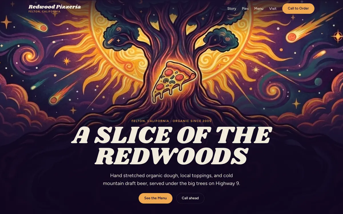 The finished Redwood Pizzeria site rendered live over HTTPS.