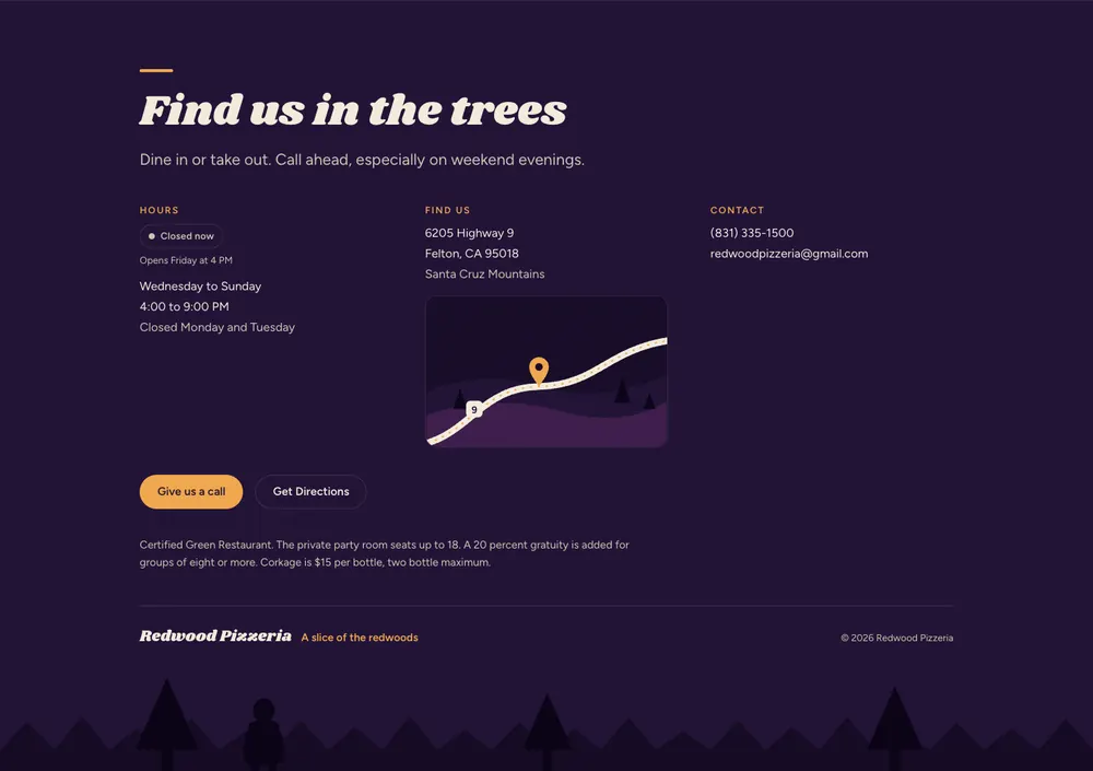 Visit footer with Open now badge and Highway 9 map