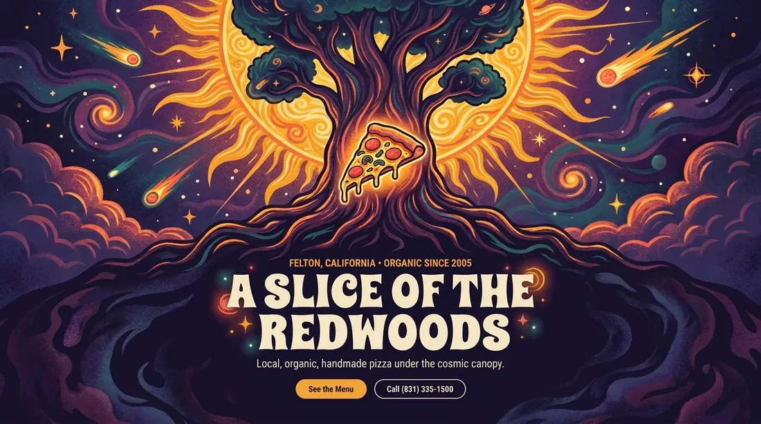 Hero illustration probe with the headline A Slice of the Redwoods and buttons rendered into the image.