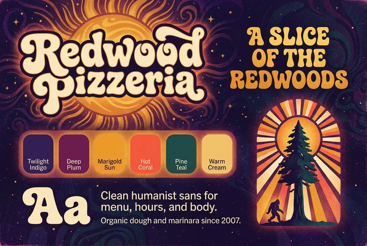 Brand style tile: cosmic twilight board with a cream display wordmark, the tagline A Slice of the Redwoods, six color swatches, a type specimen, and a redwood plus Bigfoot motif.
