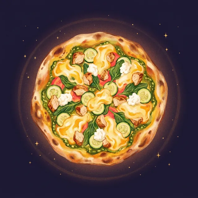 Illustrated overhead Cowell pizza: house pesto base with chicken, zucchini, and spinach, cosmic-grove palette.