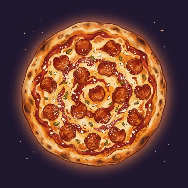 Illustrated overhead Redwood pizza: pepperoni and garlic on a glowing organic crust, cosmic-grove palette.