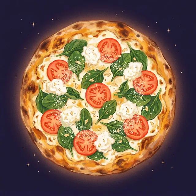 Illustrated overhead White pizza: a ricotta base with spinach and tomato, no red sauce, cosmic-grove palette.