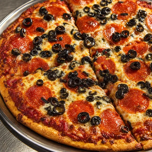 A pepperoni and black-olive pizza.