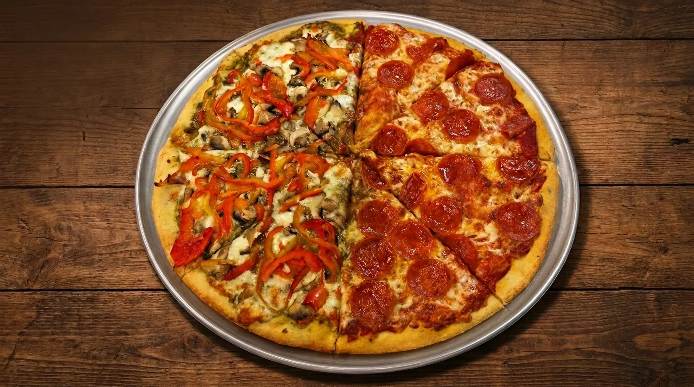 A large half-pepperoni, half-vegetable pizza on a round metal tray on a wood table.