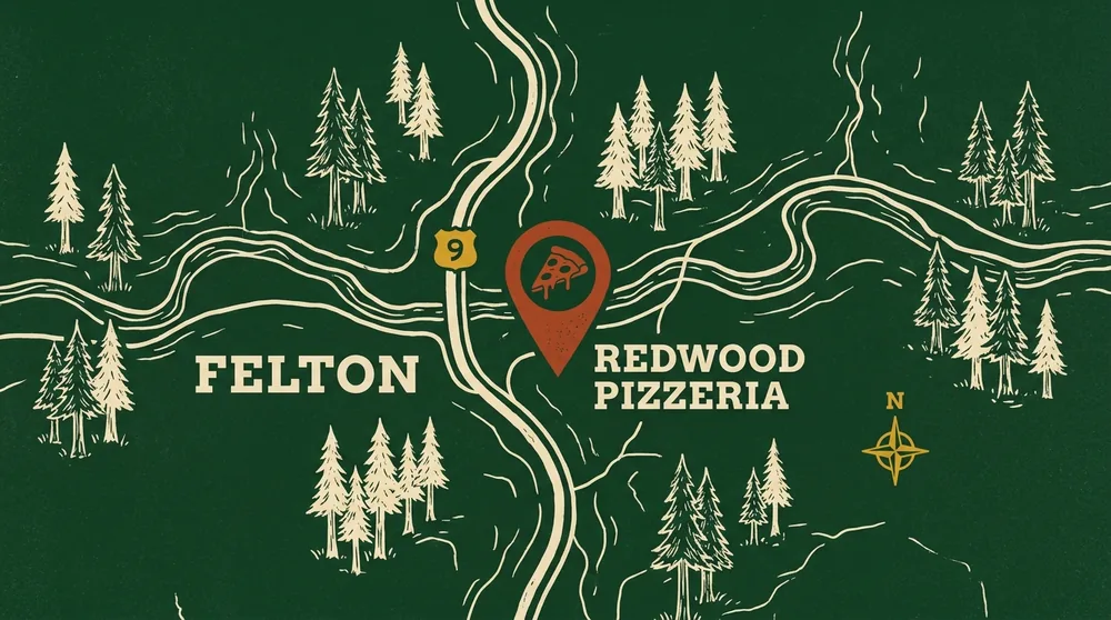 Illustrated map of Felton, California showing Redwood Pizzeria marked with a pin on Highway 9 in the Santa Cruz Mountains.