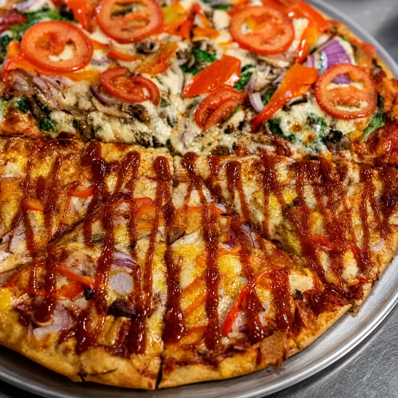 Close-up of a pizza with a dark sauce drizzle and fresh herbs