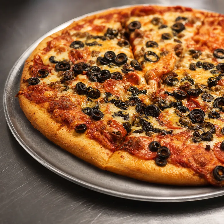 Overhead close-up of a loaded pizza with black olives, tomato and herbs on a metal tray