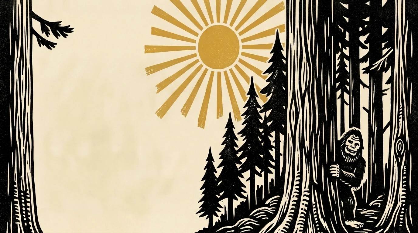 Woodcut illustration of a redwood forest with a rising sun and a friendly Bigfoot among the trees