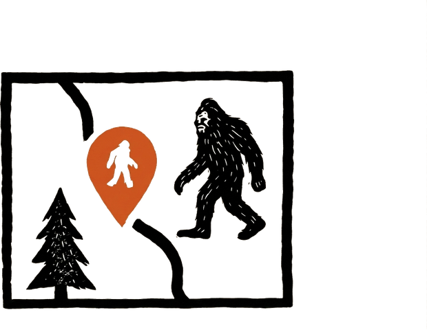 Trail map vignette with a location pin and a Bigfoot