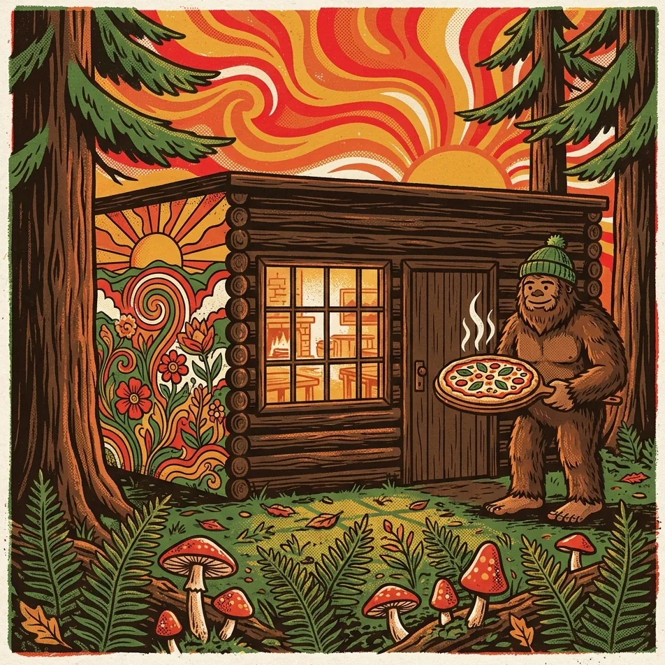 The Redwood Pizzeria lodge among the redwoods at sunset, its psychedelic mural wall glowing, with a Bigfoot holding a pizza by the door.