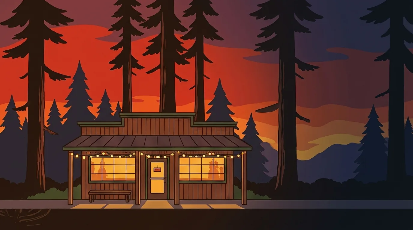 The Redwood Pizzeria lodge at dusk among the redwoods, windows glowing warm and string lights over the porch.